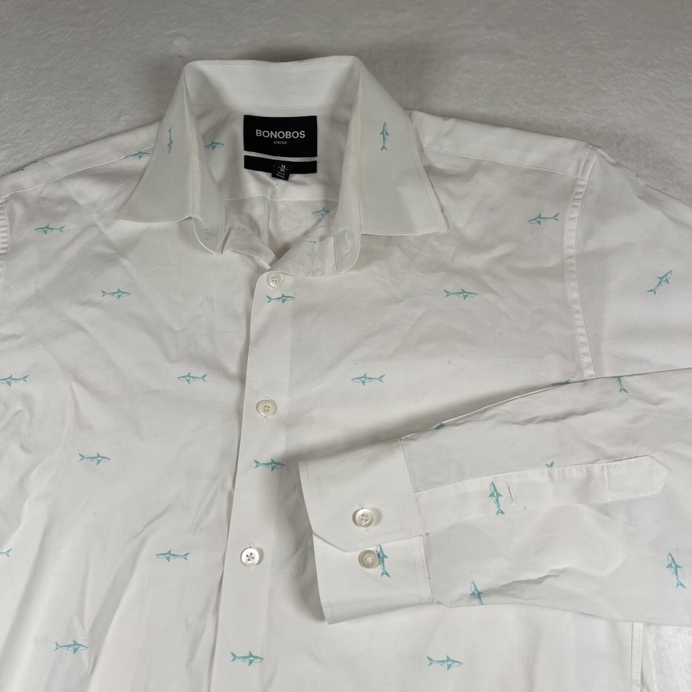 Bonobos Shirt Mens 16‎ 34 White Shark Print Stretch Slim Fit Long Sleeve Dress